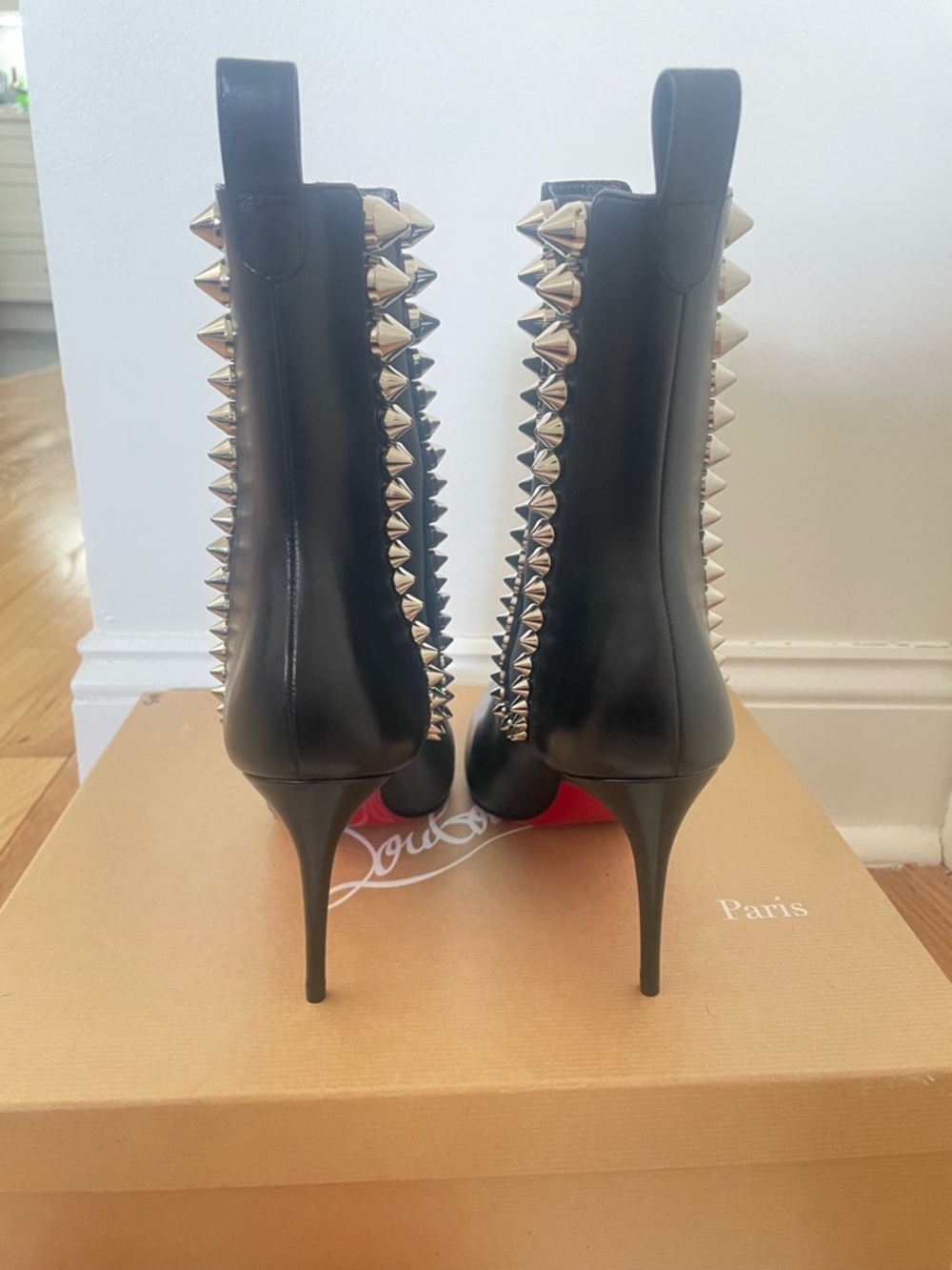 Christian Louboutin SPIKITA BOOTY 85 Spiked Stud Leather Boots Heel Bootie - Picture 3 of 6